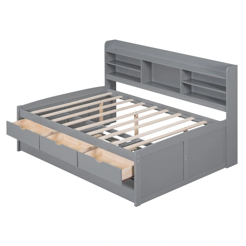 Full Size Wooden Captain Bed with Built-in Bookshelves,Three Storage Drawers and Trundle,Antique Grey 11