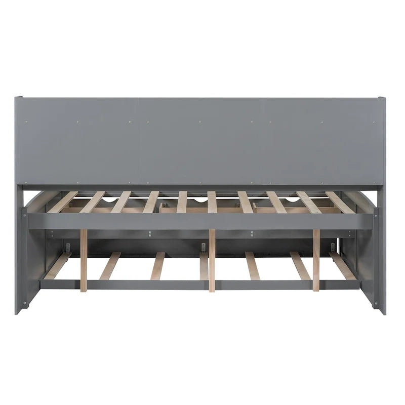 Full Size Wooden Captain Bed with Built-in Bookshelves,Three Storage Drawers and Trundle,Antique Grey 12