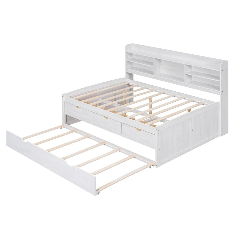 Full Size Wooden Captain Bed with Built-in Bookshelves,Three Storage Drawers and Trundle,Antique Grey 13
