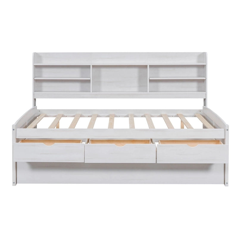 Full Size Wooden Captain Bed with Built-in Bookshelves,Three Storage Drawers and Trundle,Antique Grey 15
