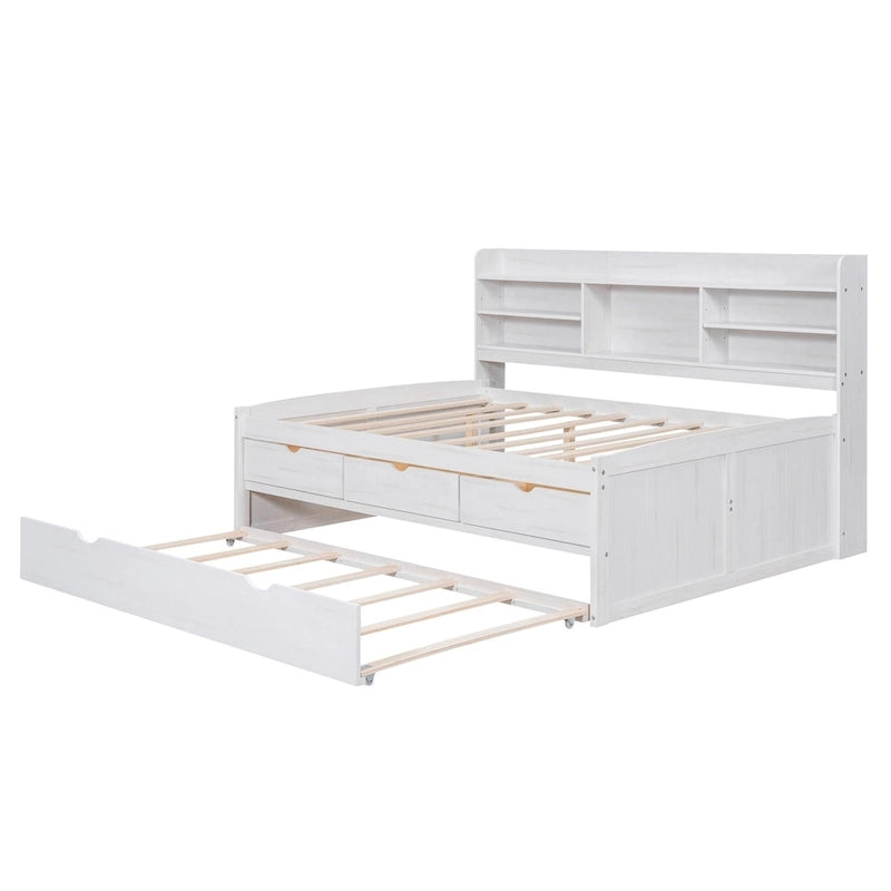 Full Size Wooden Captain Bed with Built-in Bookshelves,Three Storage Drawers and Trundle,Antique Grey 16