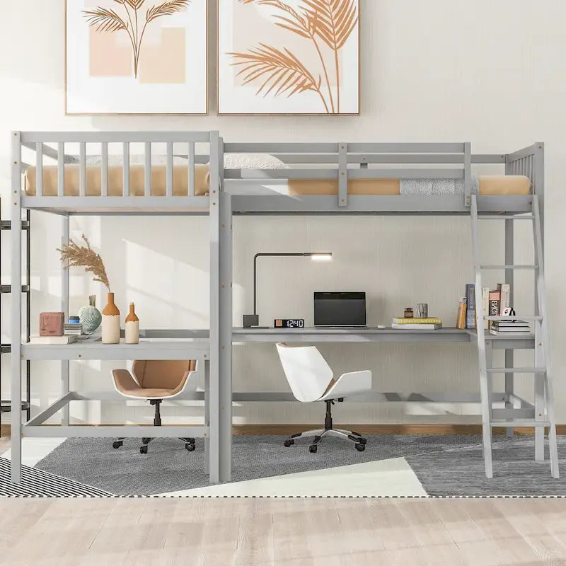 Wood Twin Size L-Shaped Loft Bed with Ladder and 2 Built-in L-Shaped Desks, Gray 2