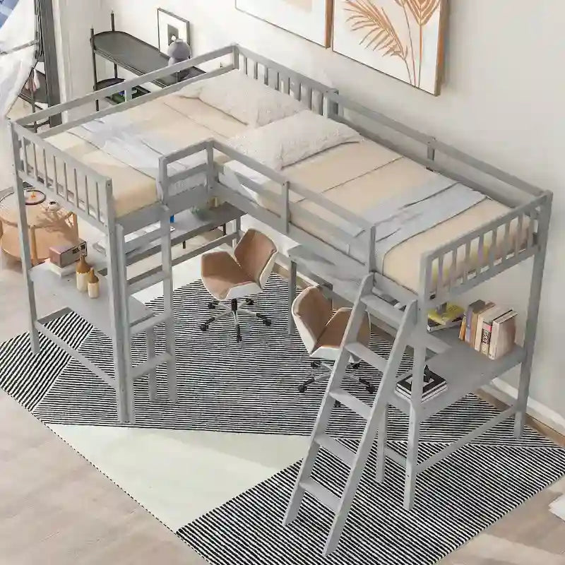 Wood Twin Size L-Shaped Loft Bed with Ladder and 2 Built-in L-Shaped Desks, Gray 3