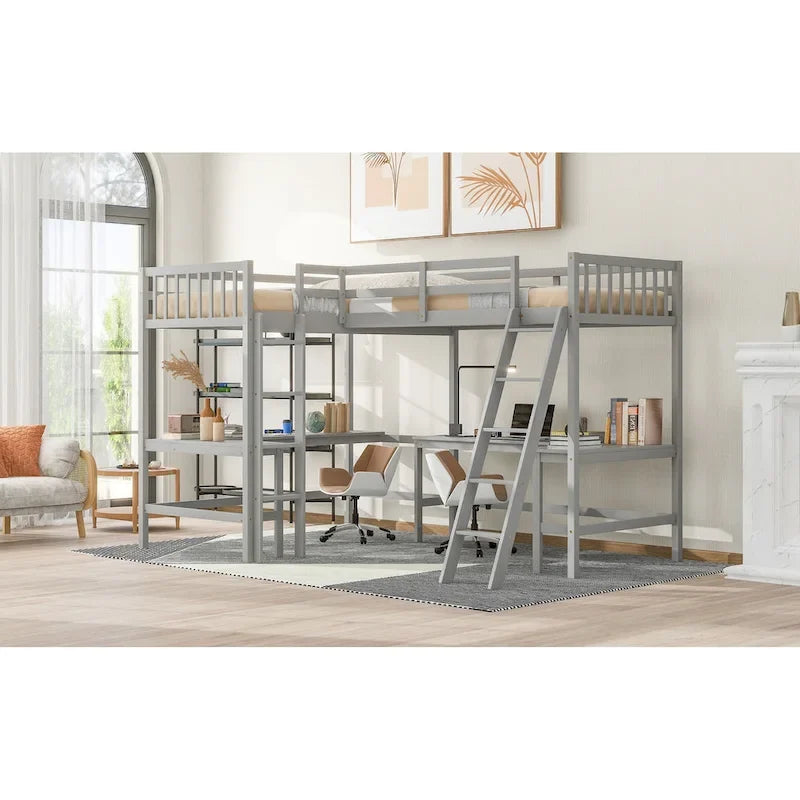 Wood Twin Size L-Shaped Loft Bed with Ladder and 2 Built-in L-Shaped Desks, Gray 4