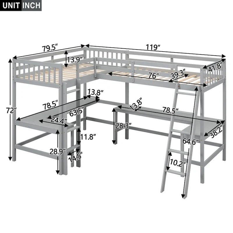 Wood Twin Size L-Shaped Loft Bed with Ladder and 2 Built-in L-Shaped Desks, Gray 5