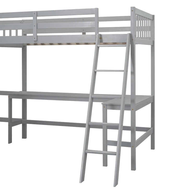 Wood Twin Size L-Shaped Loft Bed with Ladder and 2 Built-in L-Shaped Desks, Gray 6