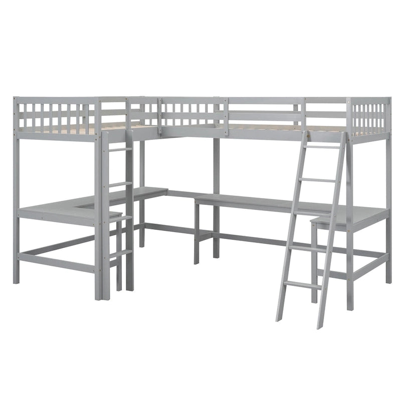 Wood Twin Size L-Shaped Loft Bed with Ladder and 2 Built-in L-Shaped Desks, Gray 7