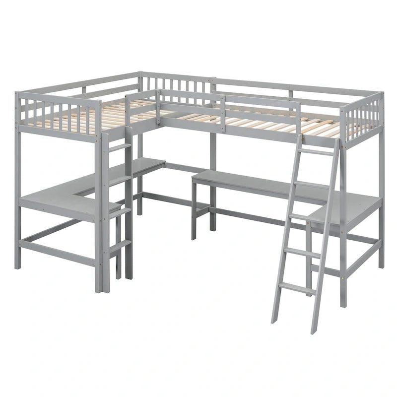 Wood Twin Size L-Shaped Loft Bed with Ladder and 2 Built-in L-Shaped Desks, Gray 8