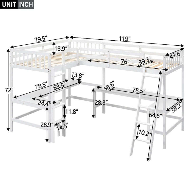 Wood Twin Size L-Shaped Loft Bed with Ladder and 2 Built-in L-Shaped Desks, Gray 9