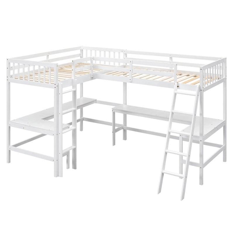 Wood Twin Size L-Shaped Loft Bed with Ladder and 2 Built-in L-Shaped Desks, Gray 10