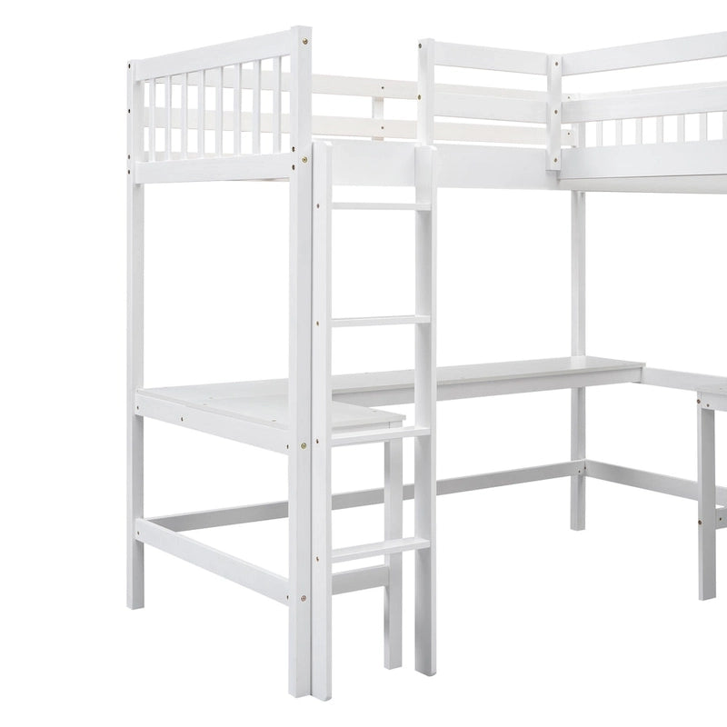 Wood Twin Size L-Shaped Loft Bed with Ladder and 2 Built-in L-Shaped Desks, Gray 11