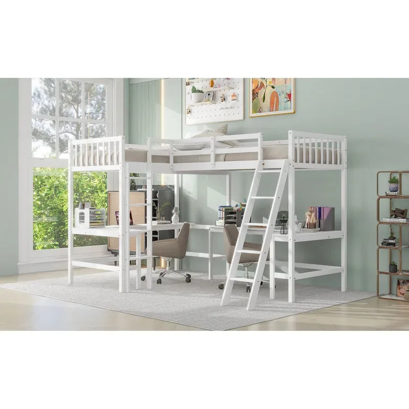 Wood Twin Size L-Shaped Loft Bed with Ladder and 2 Built-in L-Shaped Desks, Gray 13