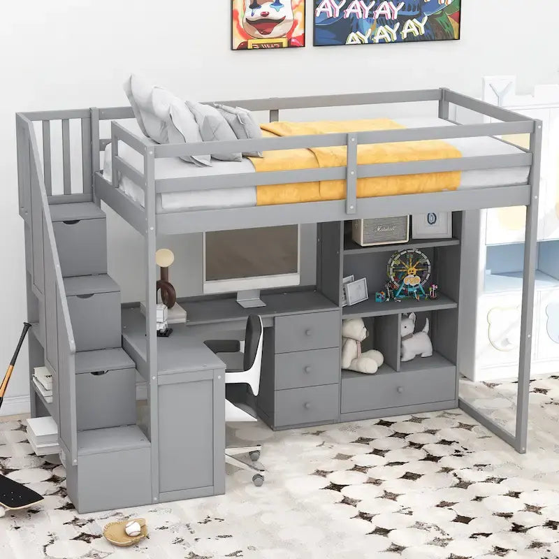 Twin Size Loft Bed with L-Shaped Desk and Drawers, Cabinet and Storage Staircase, Gray 3