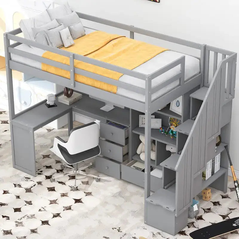 Twin Size Loft Bed with L-Shaped Desk and Drawers, Cabinet and Storage Staircase, Gray 4
