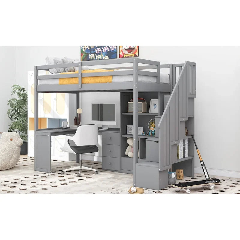 Twin Size Loft Bed with L-Shaped Desk and Drawers, Cabinet and Storage Staircase, Gray 5