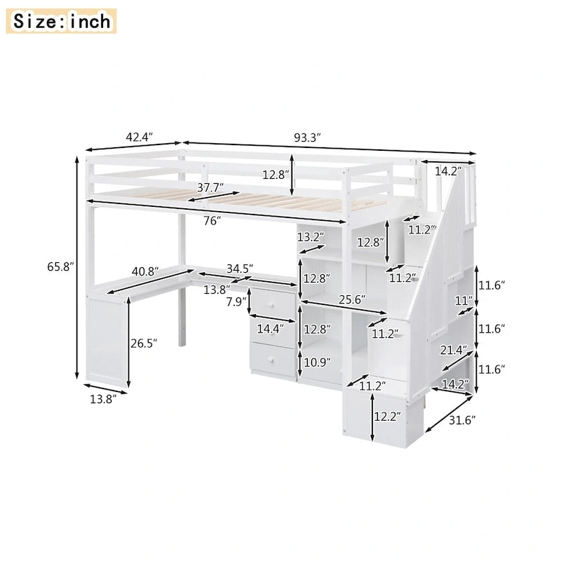 Twin Size Loft Bed with L-Shaped Desk and Drawers, Cabinet and Storage Staircase, Gray 6