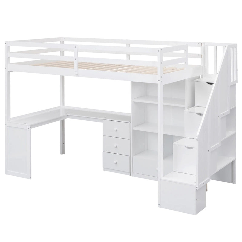 Twin Size Loft Bed with L-Shaped Desk and Drawers, Cabinet and Storage Staircase, Gray 7