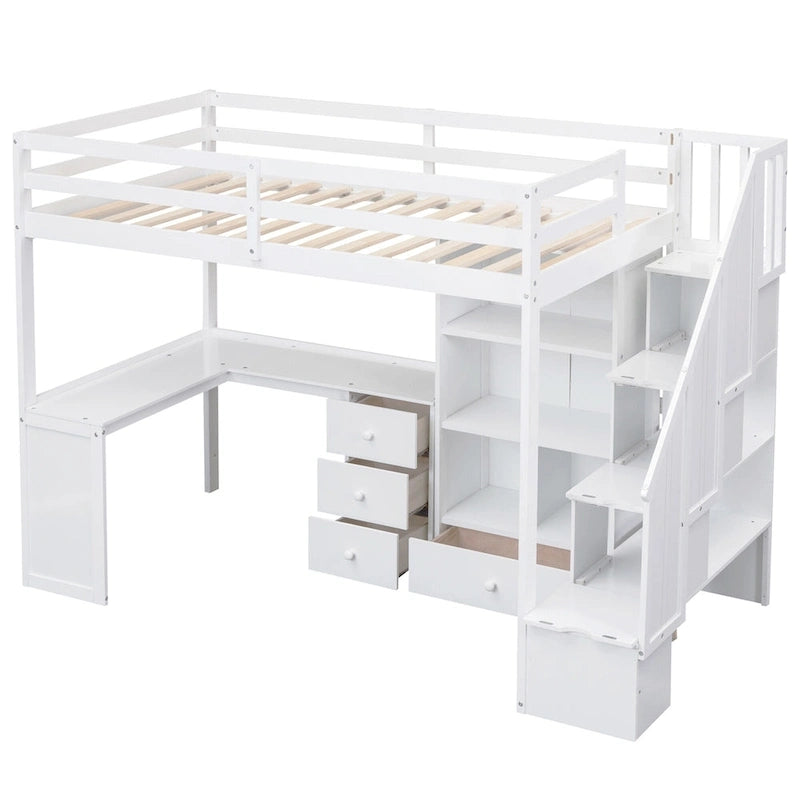 Twin Size Loft Bed with L-Shaped Desk and Drawers, Cabinet and Storage Staircase, Gray 8