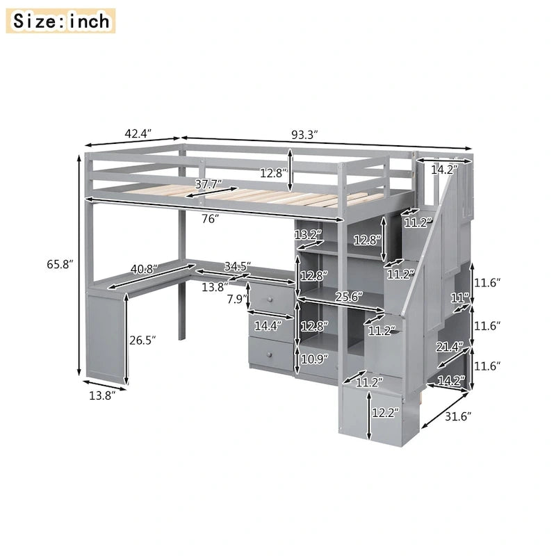 Twin Size Loft Bed with L-Shaped Desk and Drawers, Cabinet and Storage Staircase, Gray 9