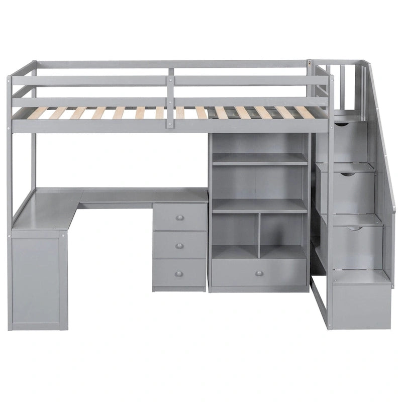 Twin Size Loft Bed with L-Shaped Desk and Drawers, Cabinet and Storage Staircase, Gray 10
