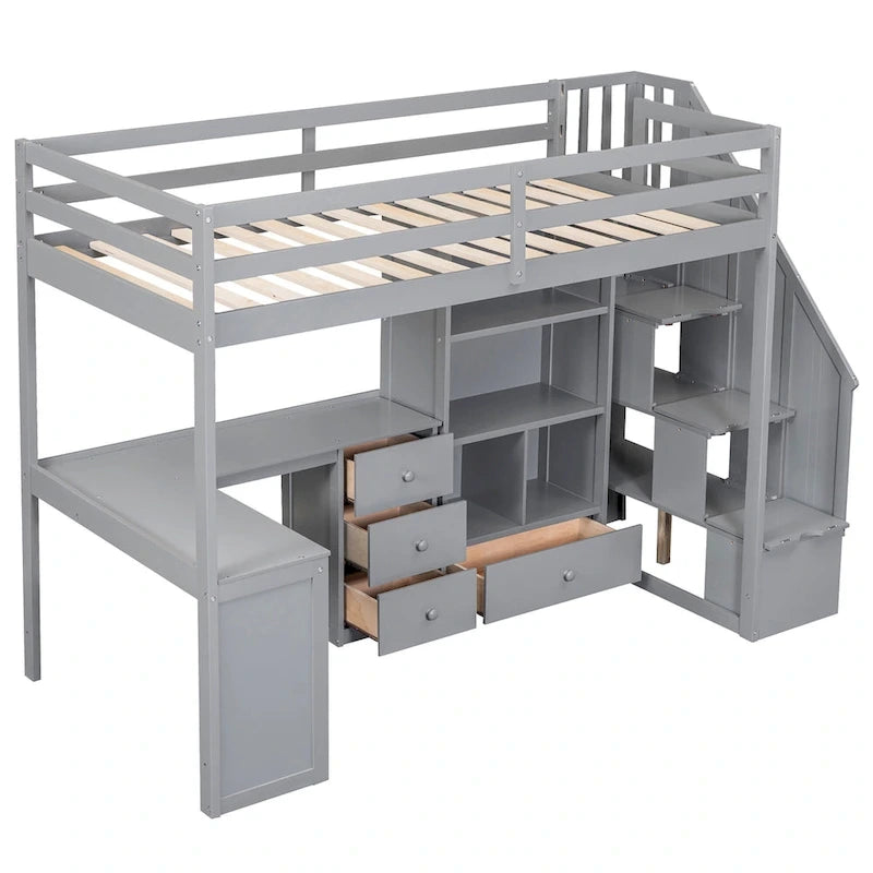 Twin Size Loft Bed with L-Shaped Desk and Drawers, Cabinet and Storage Staircase, Gray 11