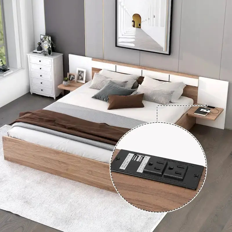 Queen Size Platform Bed with Headboard, Drawers, Shelves, USB Ports and Sockets, Natural 2