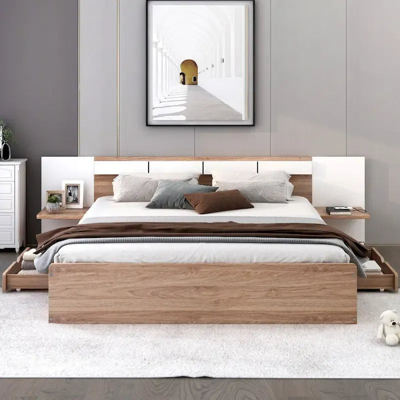 Queen Size Platform Bed with Headboard, Drawers, Shelves, USB Ports and Sockets, Natural 3