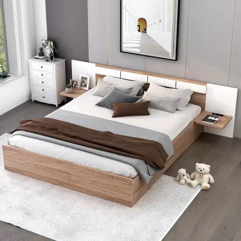 Queen Size Platform Bed with Headboard, Drawers, Shelves, USB Ports and Sockets, Natural 4