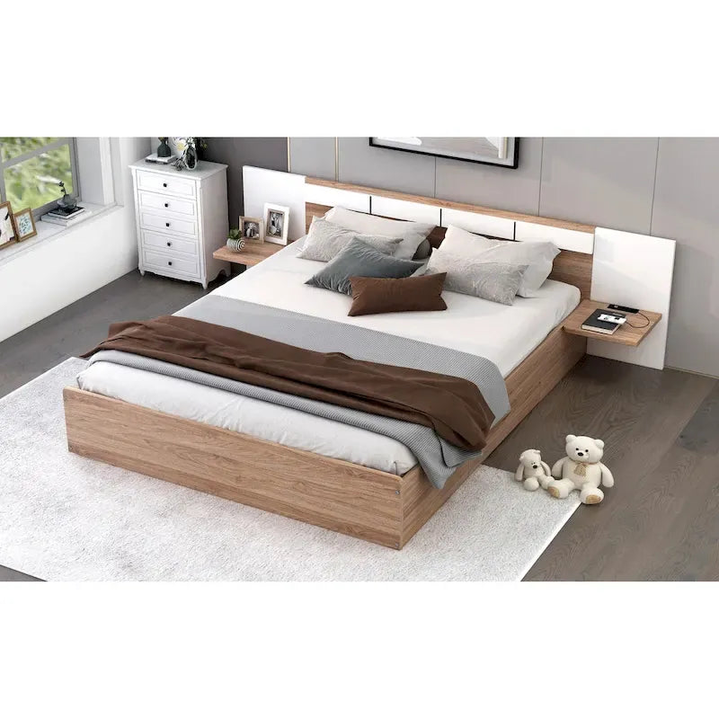 Queen Size Platform Bed with Headboard, Drawers, Shelves, USB Ports and Sockets, Natural 5