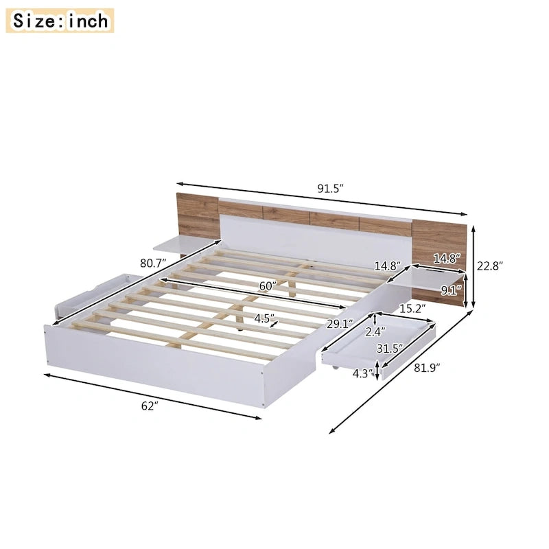 Queen Size Platform Bed with Headboard, Drawers, Shelves, USB Ports and Sockets, Natural 6