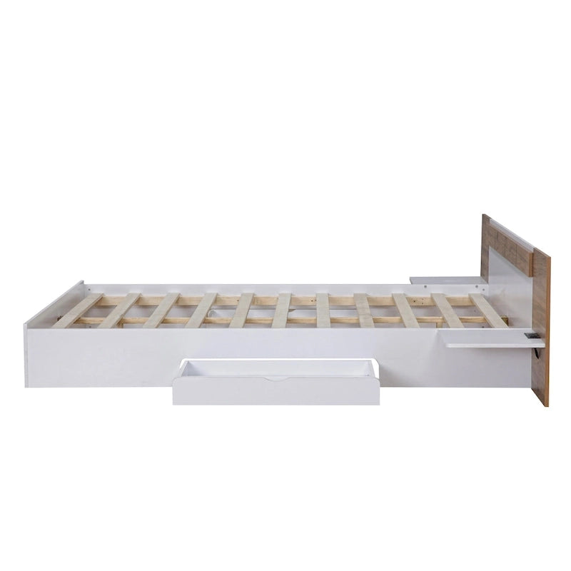 Queen Size Platform Bed with Headboard, Drawers, Shelves, USB Ports and Sockets, Natural 7