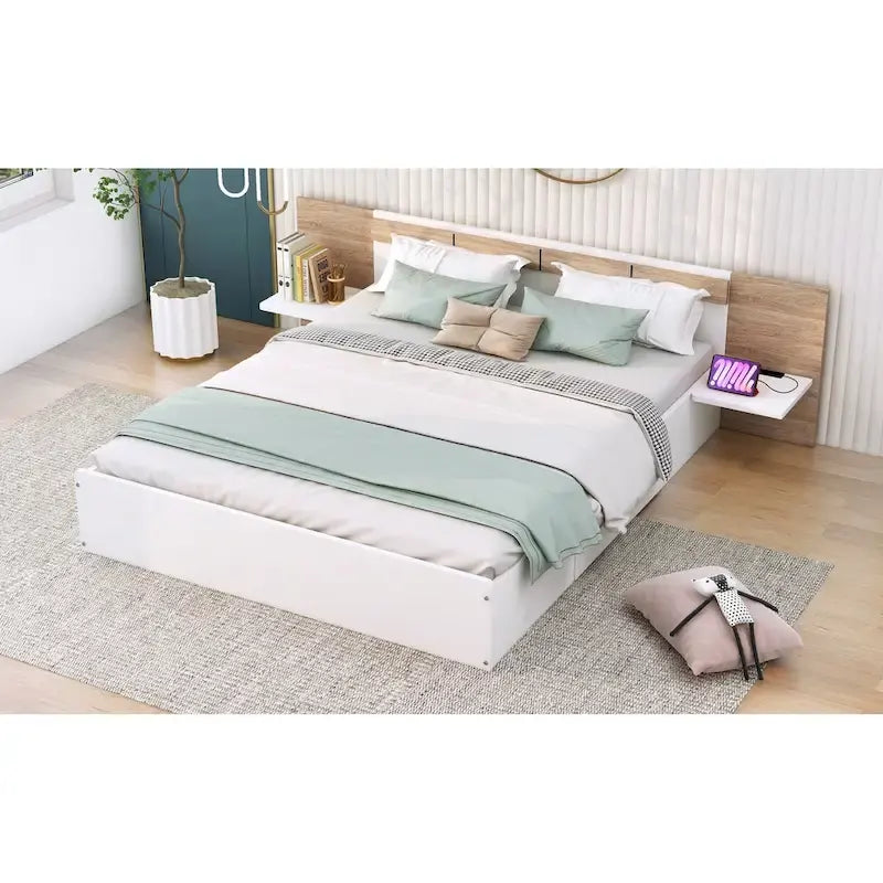 Queen Size Platform Bed with Headboard, Drawers, Shelves, USB Ports and Sockets, Natural 9