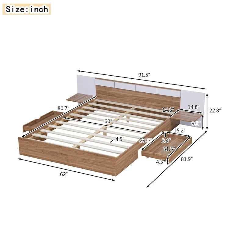 Queen Size Platform Bed with Headboard, Drawers, Shelves, USB Ports and Sockets, Natural 10