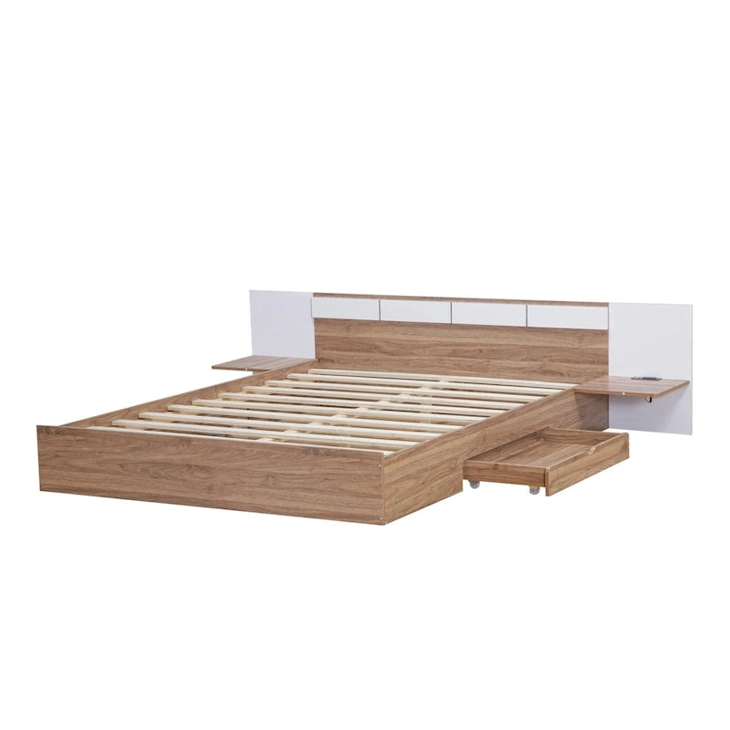 Queen Size Platform Bed with Headboard, Drawers, Shelves, USB Ports and Sockets, Natural 11