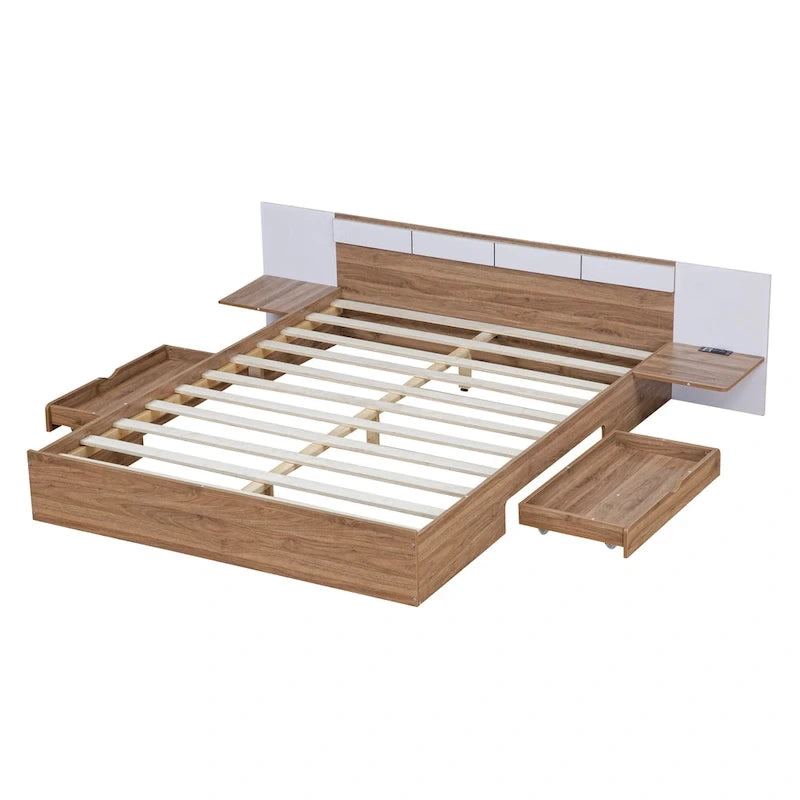 Queen Size Platform Bed with Headboard, Drawers, Shelves, USB Ports and Sockets, Natural 12