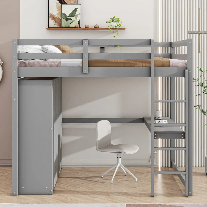 Wood Full Size Loft Bed with Built-in Wardrobe, Desk, Storage Shelves and Drawers, Gray 3