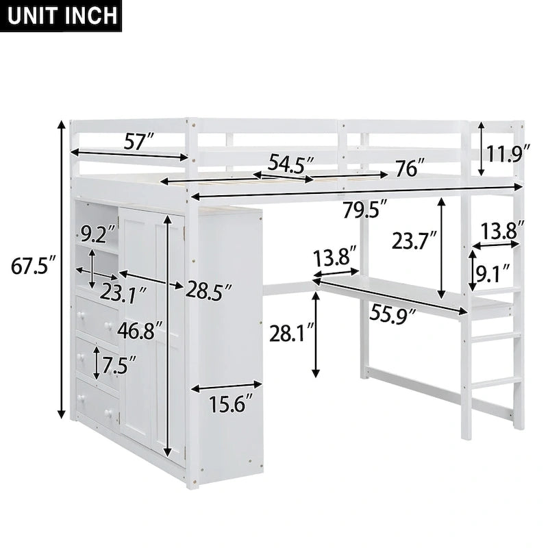 Wood Full Size Loft Bed with Built-in Wardrobe, Desk, Storage Shelves and Drawers, Gray 4