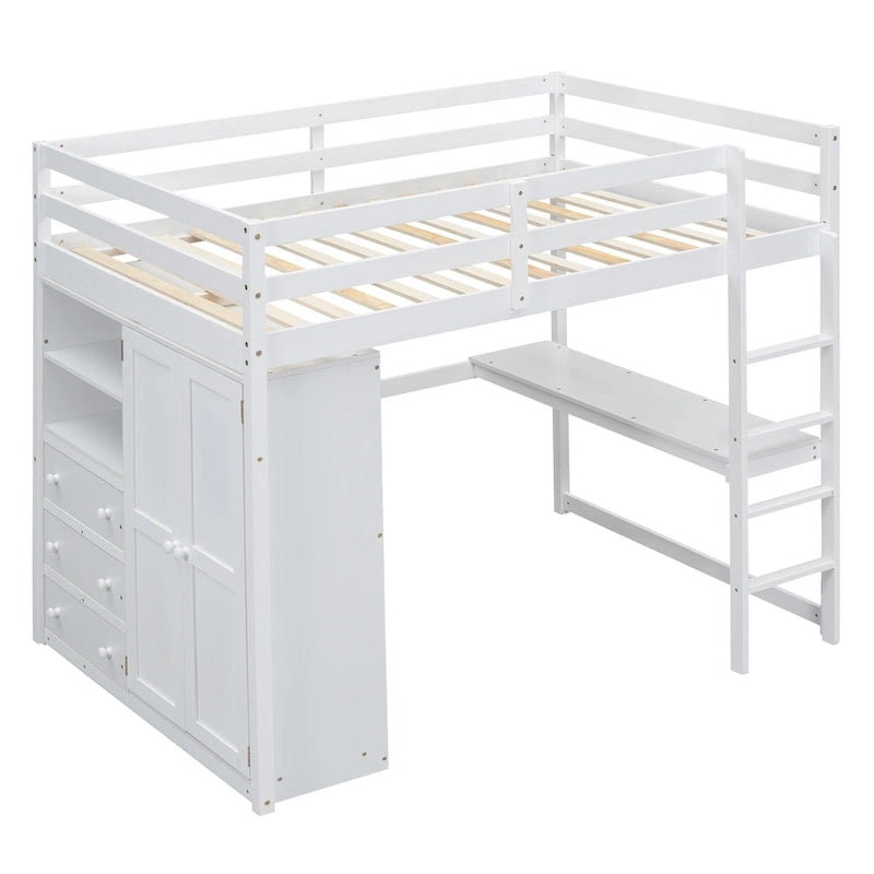 Wood Full Size Loft Bed with Built-in Wardrobe, Desk, Storage Shelves and Drawers, Gray 5
