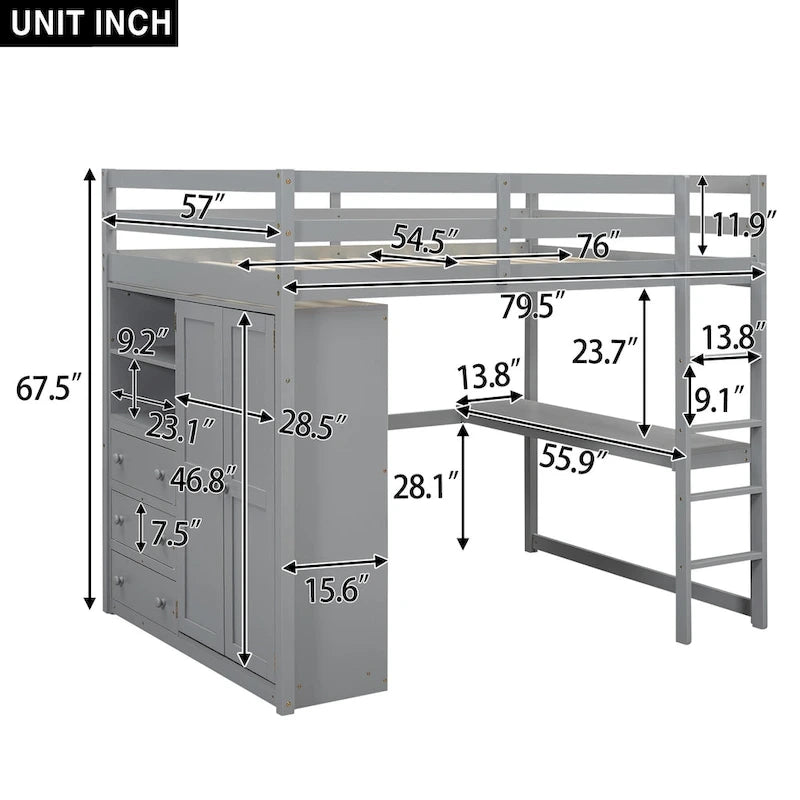 Wood Full Size Loft Bed with Built-in Wardrobe, Desk, Storage Shelves and Drawers, Gray 7