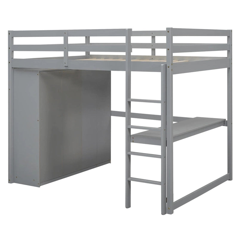 Wood Full Size Loft Bed with Built-in Wardrobe, Desk, Storage Shelves and Drawers, Gray 8