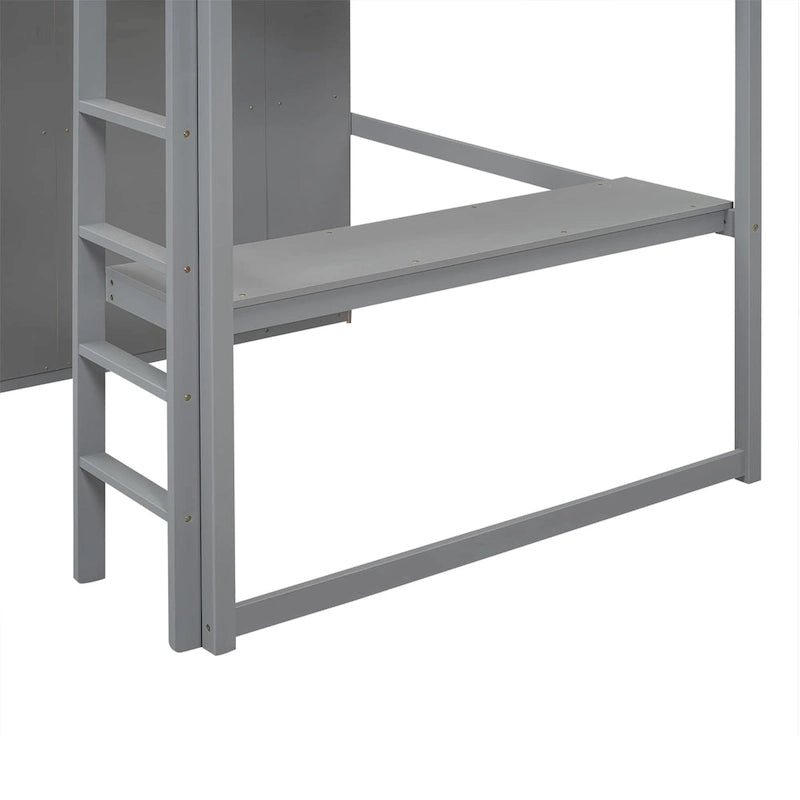 Wood Full Size Loft Bed with Built-in Wardrobe, Desk, Storage Shelves and Drawers, Gray 9