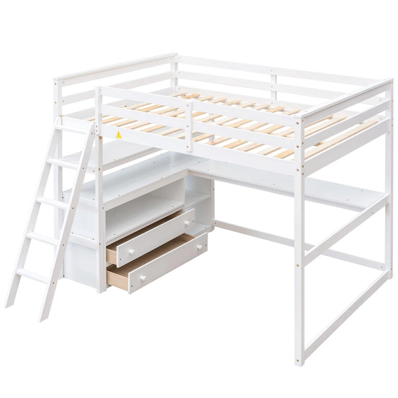 Full Size Loft Bed with Desk and Shelves,Two Built-in Drawers,Gray 3