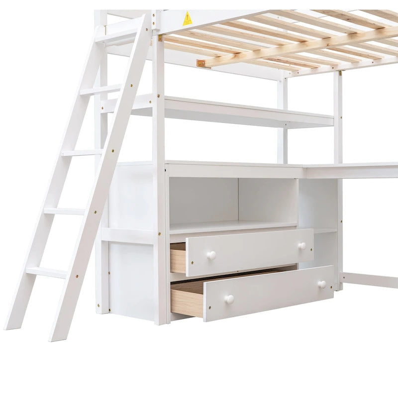 Full Size Loft Bed with Desk and Shelves,Two Built-in Drawers,Gray 4