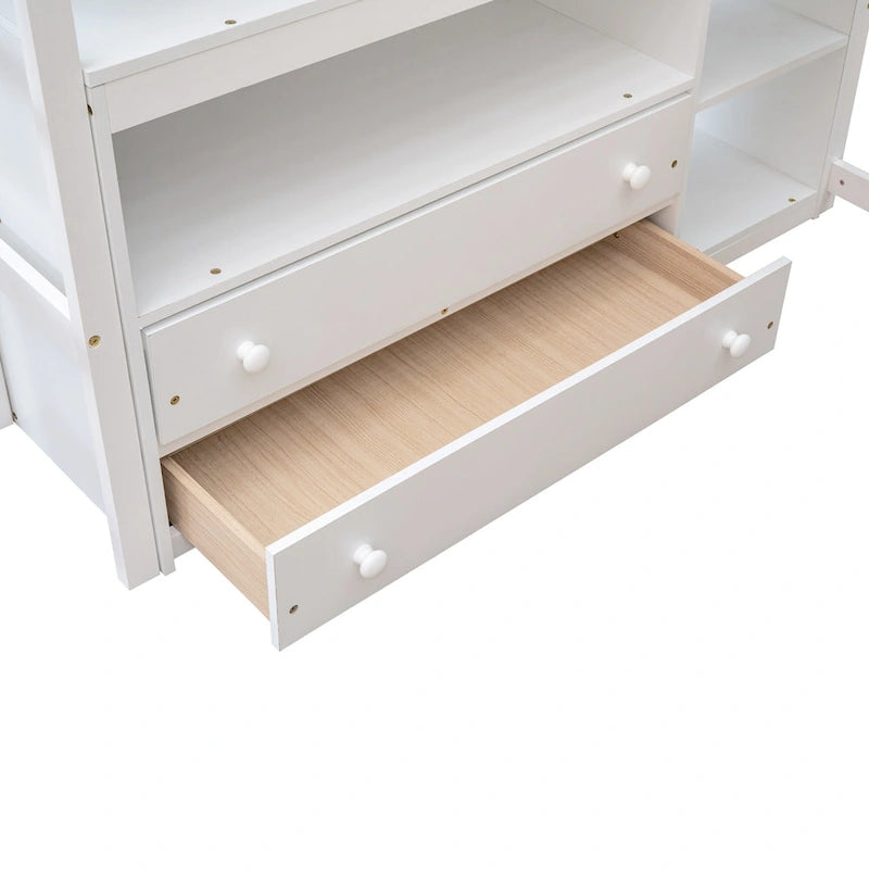 Full Size Loft Bed with Desk and Shelves,Two Built-in Drawers,Gray 5