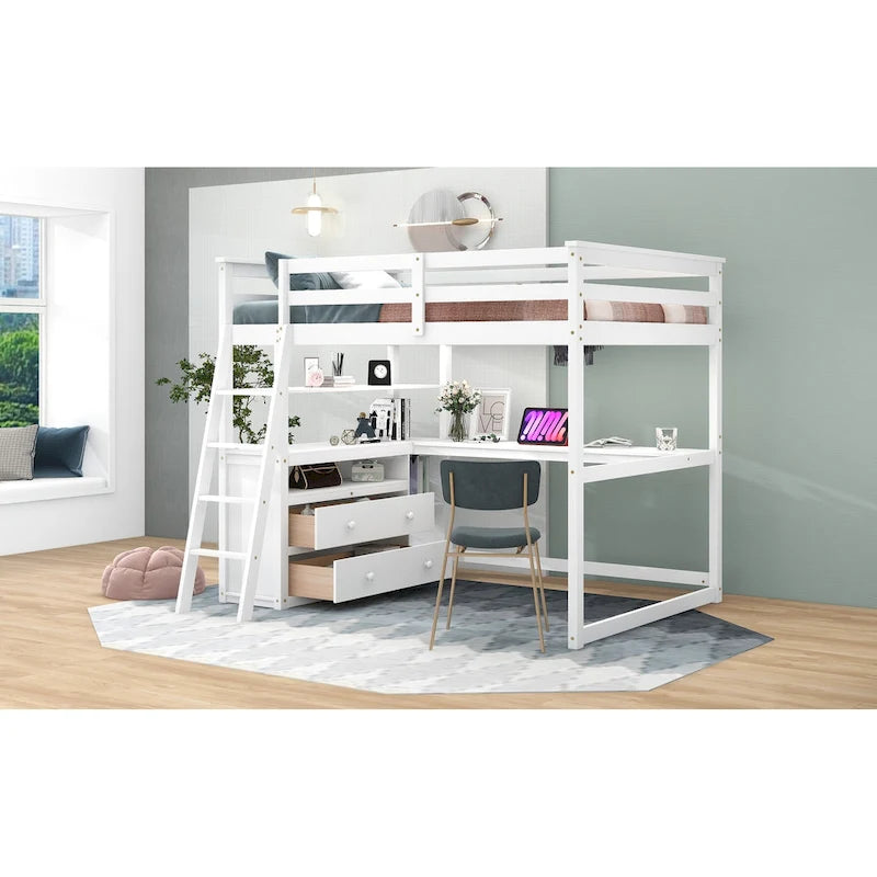 Full Size Loft Bed with Desk and Shelves,Two Built-in Drawers,Gray 6