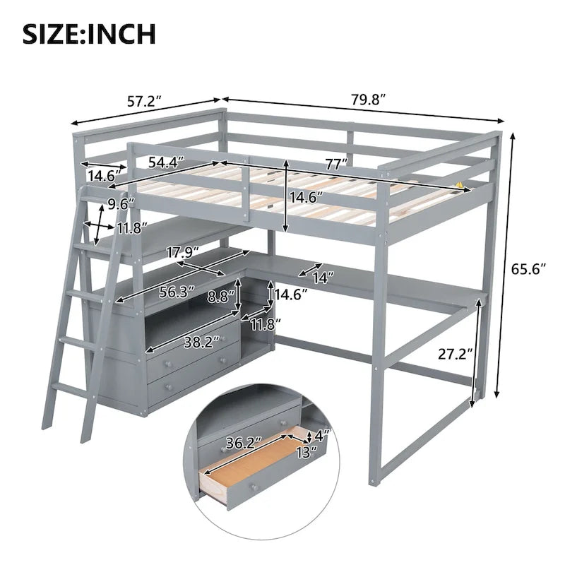 Full Size Loft Bed with Desk and Shelves,Two Built-in Drawers,Gray 7