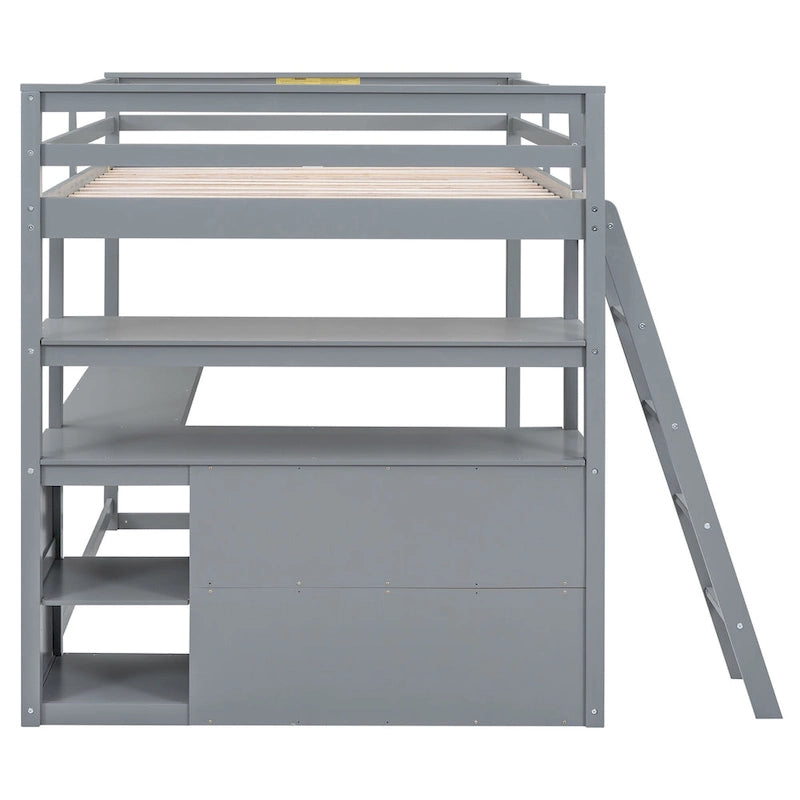 Full Size Loft Bed with Desk and Shelves,Two Built-in Drawers,Gray 8