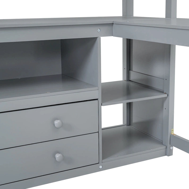 Full Size Loft Bed with Desk and Shelves,Two Built-in Drawers,Gray 9