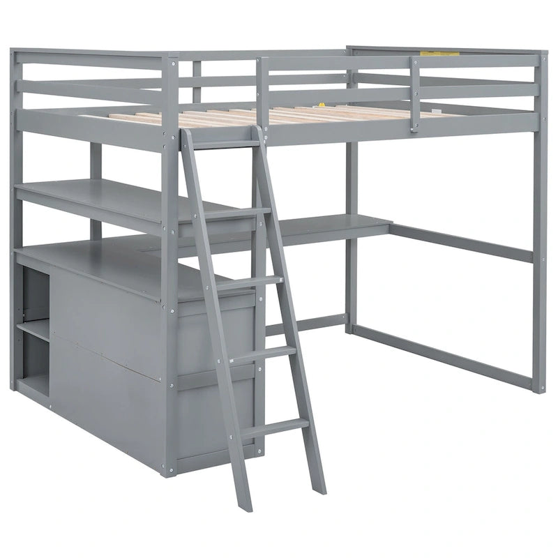 Full Size Loft Bed with Desk and Shelves,Two Built-in Drawers,Gray 10