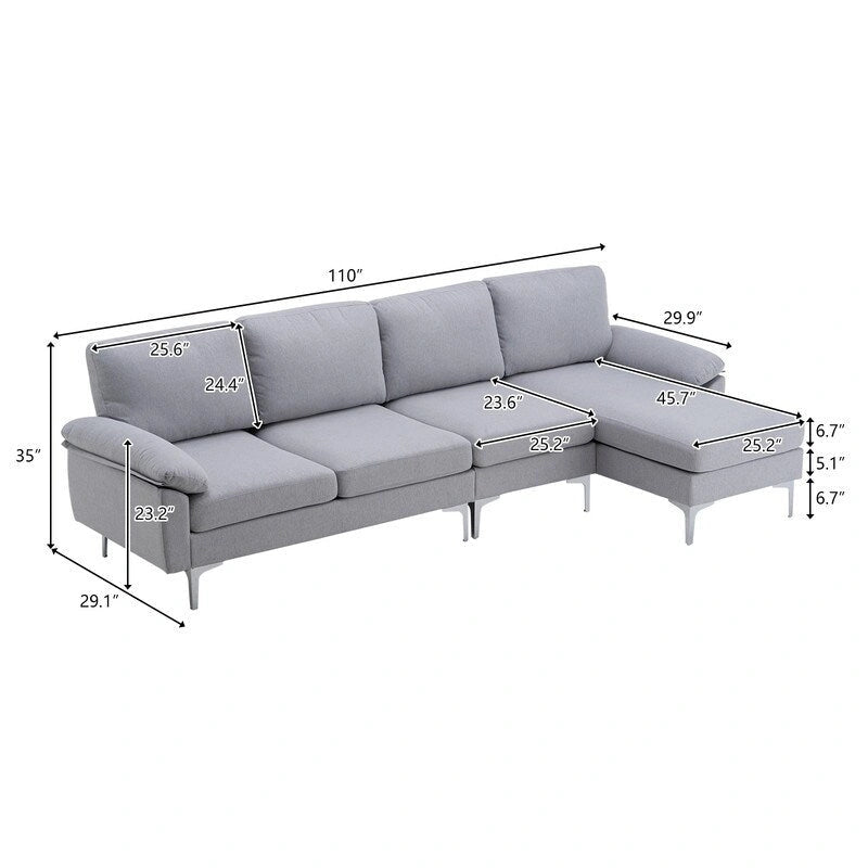 L-Shaped Fabric With Chaise Iron Feet 4 Seats Indoor Modular Sofa - 110 8